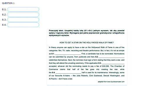Rys. 9. Stworzone w bookwidgets.com ćwiczenie z użyciem  wklejenia części dostępnego w internecie arkusza maturalnego  – widok ucznia